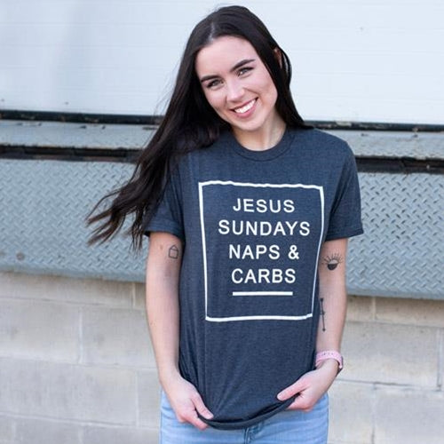 Jesus Sundays Naps & Carbs T-Shirt Heather Dark Gray Small