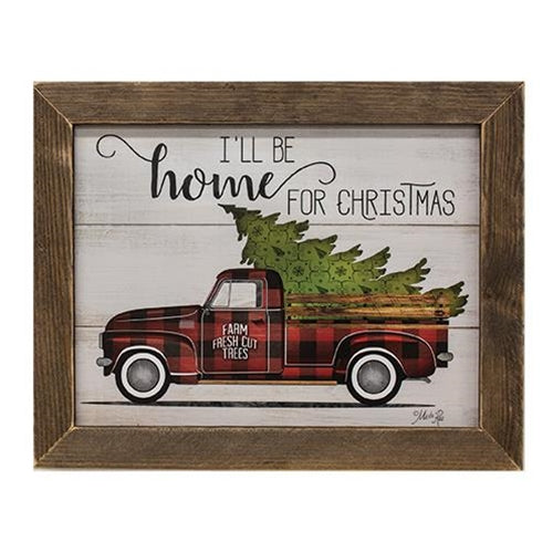 Home For Christmas Truck Print Brown Stain Frame