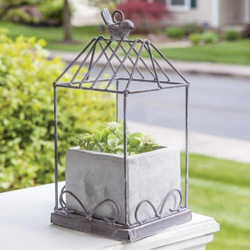 Graywash Metal Birdcage With Cement Planter  (Pack of 4)
