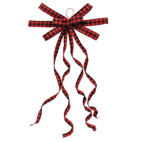 Red & Black Plaid Curly Ribbon Bow Ornament  (Pack of 4)