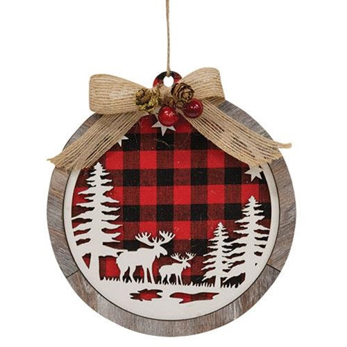 Wooden Red & Black Plaid Moose Scene Ornament  (Pack of 4)