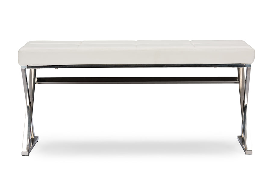 Baxton Studio Herald Modern and Contemporary Stainless Steel and White Faux Leather Upholstered Rectangle Bench