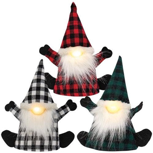 Plush Plaid Santa Gnome Bottle Topper w/LED Light 3 Asstd.  (Pack of 4)