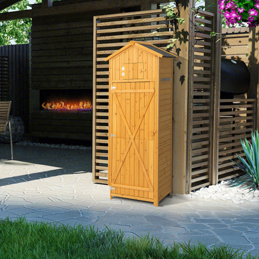 71 Inch Tall Garden Tool Storage Cabinet with Lockable Doors and Foldable Table-Natural