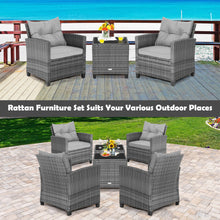 Load image into Gallery viewer, 3 Pieces Outdoor Wicker Conversation Set with Tempered Glass Tabletop-Gray
