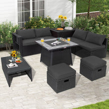 Load image into Gallery viewer, 9 Pieces Outdoor Wicker Sectional with 35 Inch Gas Fire Pit Table-Gray
