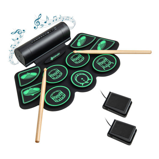 Electronic Drum Set with 2 Build-in Stereo Speakers for Kids-Green