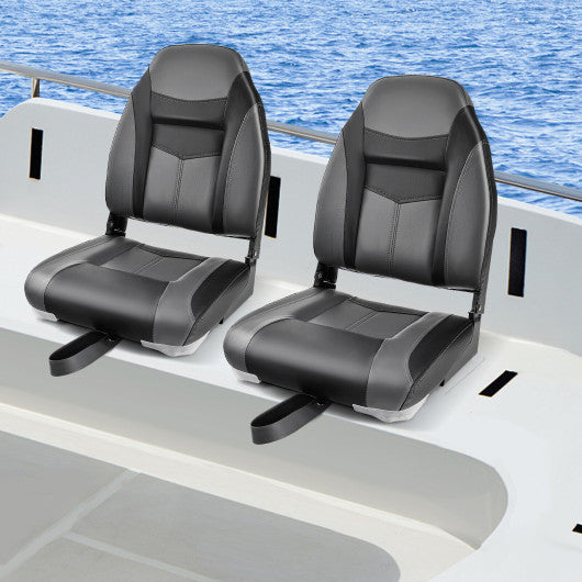 High Back Folding Boat Seats with Black Grey Sponge Cushion and Flexible Hinges-Set of 2
