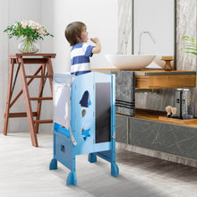 Load image into Gallery viewer, Wooden Folding Kids Kitchen Step Stool with 2-Level Adjustable Height-Blue
