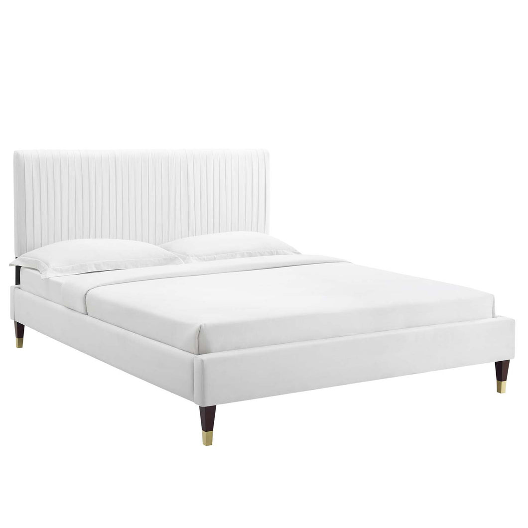 Peyton Performance Velvet Twin Platform Bed in Whi