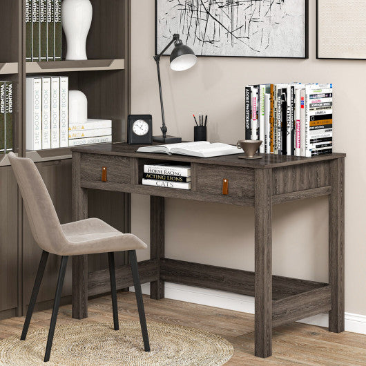 Mid-century Computer Desk with 2 Drawers and Cubby-Oak