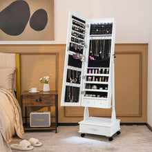 Load image into Gallery viewer, Rolling Floor Standing Mirrored Jewelry Armoire with Lock and Drawers-White
