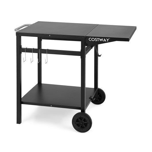 Movable Outdoor Grill Cart with Folding Tabletop and Hooks-Black