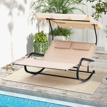 Load image into Gallery viewer, Outdoor 2 Persons Rocking Chaise Lounge with Canopy and Wheels-Beige
