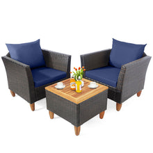 Load image into Gallery viewer, 3 Pieces Patio Rattan Bistro Furniture Set with Wooden Table Top-Navy
