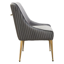 Load image into Gallery viewer, Set of (2) Quinn Dining Chairs w/ Vertical Outside Pleat Detail and Contoured Arm in Grey Velvet w/ Brushed Gold Metal Leg by Diamond Sofa
