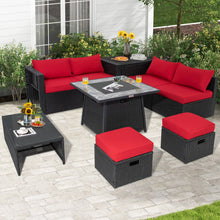 Load image into Gallery viewer, 9 Pieces Outdoor Wicker Sectional with 35 Inch Gas Fire Pit Table-Red
