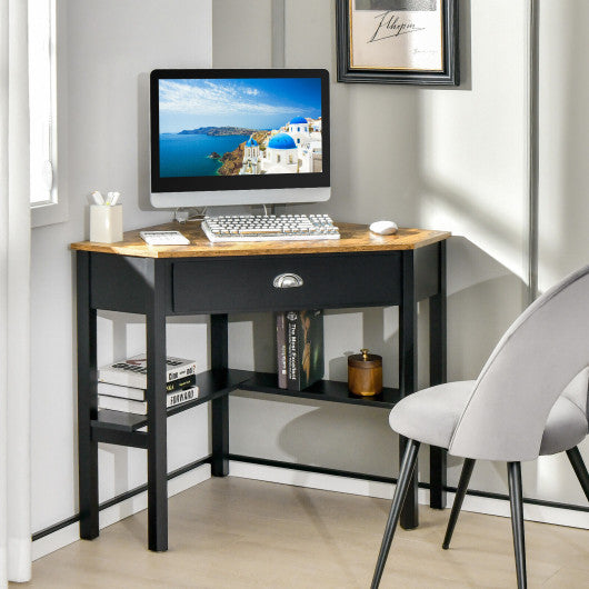 Corner Wooden Piece Laptop Computer Desk-Rustic Brown
