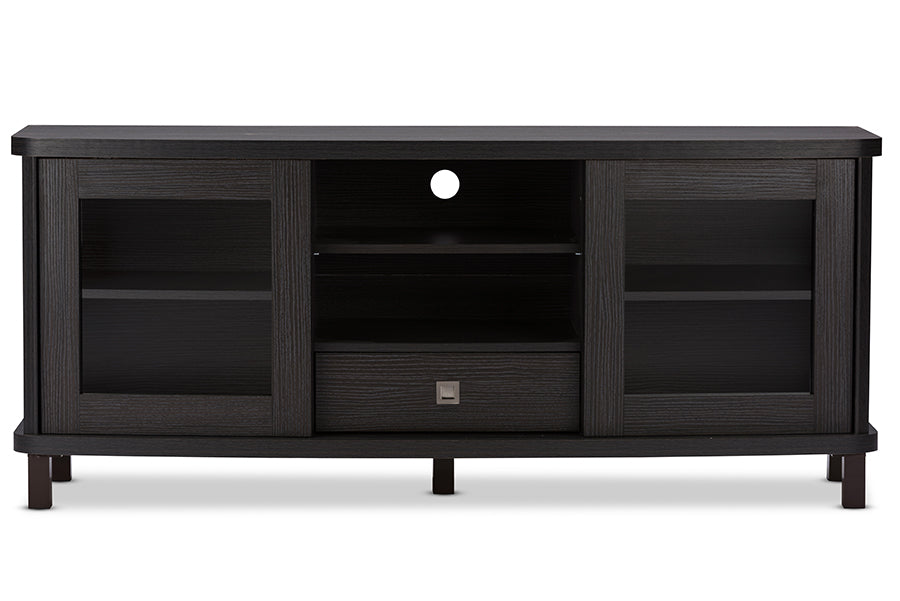 Baxton Studio Walda 60-Inch Greyish Dark Brown Wood TV Cabinet with 2 Sliding Doors and 1 Drawer