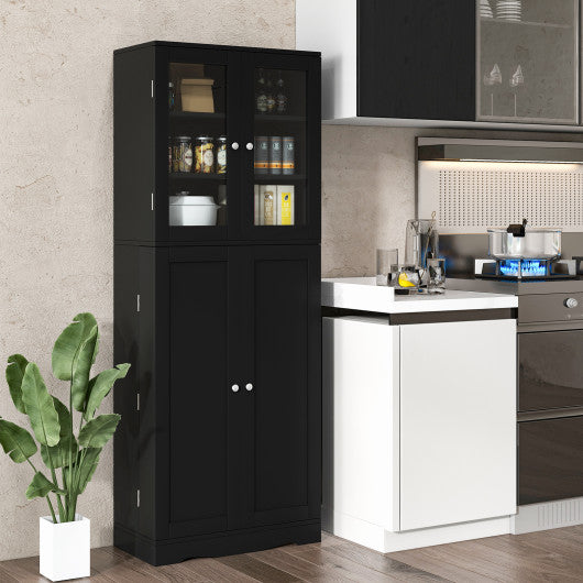 Tall Kitchen Pantry Cabinet with Dual Tempered Glass Doors and Shelves-Black