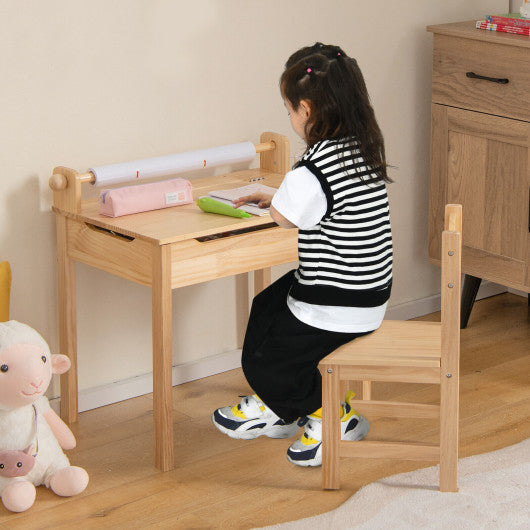 Toddler Multifunctional Activity Table and Chair Set with Paper Roll Holder-Natural