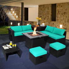 Load image into Gallery viewer, 9 Pieces Outdoor Wicker Sectional with 35 Inch Gas Fire Pit Table-Turquoise
