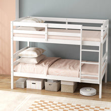 Load image into Gallery viewer, Solid Wood Twin Over Twin Bunk Bed Frame with High Guardrails and Integrated Ladder-White
