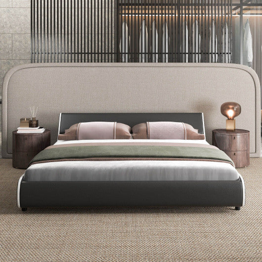 Upholstered Platform Bed Frame Low Profile Faux Leather with Curved Headboard-King Size