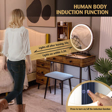 Load image into Gallery viewer, Vanity Table Set with 3-Color Lighted Mirror and Cushioned Stool-Rustic Brown
