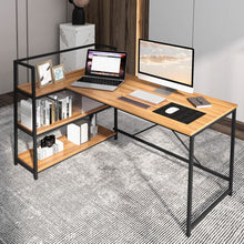 Load image into Gallery viewer, Reversible L Shaped Computer Corner Workstation with 3-Tier Open Shelf-Walnut
