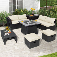 Load image into Gallery viewer, 9 Pieces Outdoor Wicker Sectional with 35 Inch Gas Fire Pit Table-White
