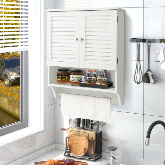 2-Doors Bathroom Wall-Mounted Medicine Cabinet with Towel Bar-White