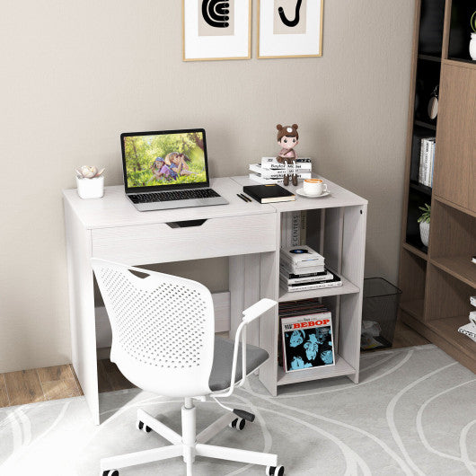 Lift Top Modern Computer Desk with 2 Hidden Compartments and 2 Open Storage Shelves-White