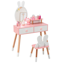 Load image into Gallery viewer, Kids Vanity Table and Chair Set with Drawer Shelf and Rabbit Mirror-White
