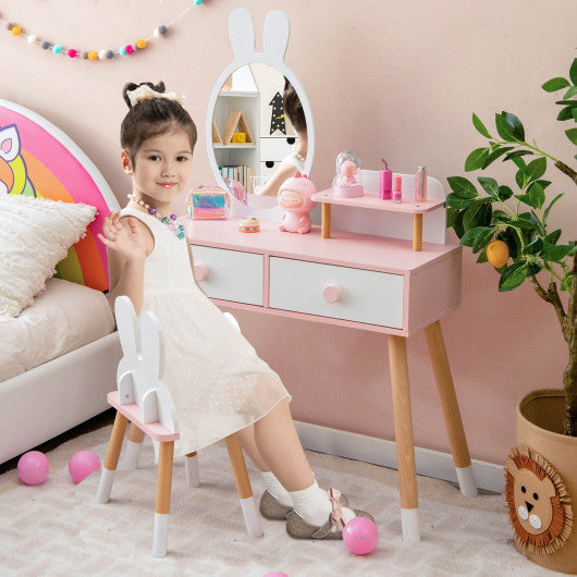 Kids Vanity Table and Chair Set with Drawer Shelf and Rabbit Mirror-White