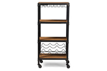 Load image into Gallery viewer, Baxton Studio Swanson Rustic Industrial Style Antique Black Textured Finish Metal Distressed Wood Mobile Kitchen Bar Wine Storage Shelf
