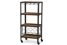 Load image into Gallery viewer, Baxton Studio Swanson Rustic Industrial Style Antique Black Textured Finish Metal Distressed Wood Mobile Kitchen Bar Wine Storage Shelf
