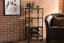 Load image into Gallery viewer, Baxton Studio Swanson Rustic Industrial Style Antique Black Textured Finish Metal Distressed Wood Mobile Kitchen Bar Wine Storage Shelf

