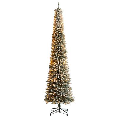 10'Flocked Pencil Artificial Christmas Tree with 700 Clear Lights and 1145 Bendable Branches