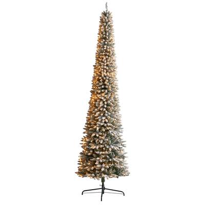 11'Flocked Pencil Artificial Christmas Tree with 850 Clear Lights and 1435 Bendable Branches