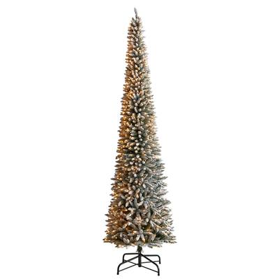 12'Flocked Pencil Artificial Christmas Tree with 1000 Clear Lights and 1819 Bendable Branches