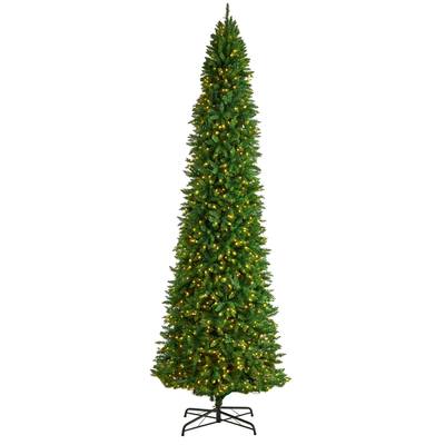 12'Slim Green Mountain Pine Artificial Christmas Tree with 1100 Clear LED Lights and 3235 Tips