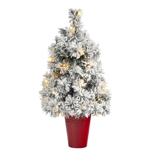2'Flocked Artificial Christmas Tree with 30 Clear LED Lights in Burgundy Vase