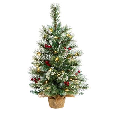 2'Snow Tipped Pine and Berry Artificial Christmas Tree with 35 Warm White LED Lights in Burlap Base