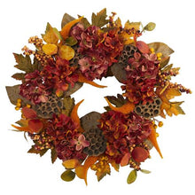 Load image into Gallery viewer, 24&quot; Fall Hydrangea, Lotus and Berries Artificial Wreath
