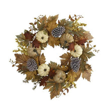 Load image into Gallery viewer, 24&quot; Fall Pumpkins, Pine Cones and Berries Artificial Wreath

