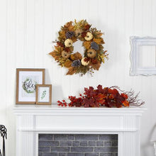 Load image into Gallery viewer, 24&quot; Fall Pumpkins, Pine Cones and Berries Artificial Wreath
