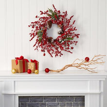 Load image into Gallery viewer, 24&quot; Frosted Cypress Artificial Wreath with 
Berries and Pine Cones
