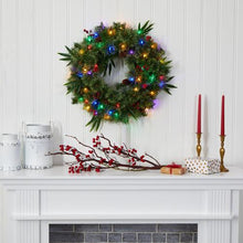 Load image into Gallery viewer, 24&quot; Mixed Pine Artificial Christmas Wreath with 50 Multicolored LED Lights, Berries and Pine Cones
