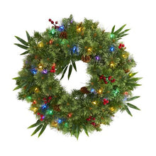 Load image into Gallery viewer, 24&quot; Mixed Pine Artificial Christmas Wreath with 50 Multicolored LED Lights, Berries and Pine Cones
